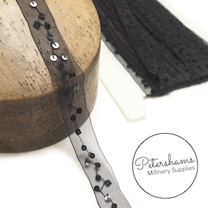 Square and Circle Sequins on Sheer Organza Trim for Hat Trims & Millinery - 1m - Black
