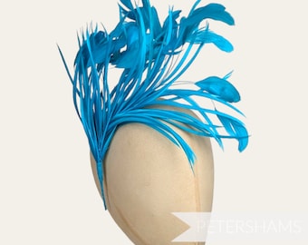 Extra Large Stripped Coque & Goose Biot Feather Hat Mount for Millinery and Hat Making - Turquoise