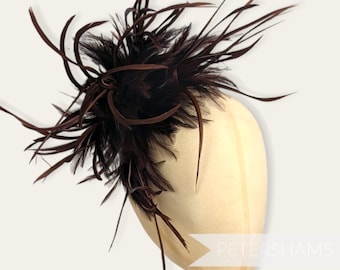 Mega Fluffy Hackle & Goose Biot Feather Hat Mount for Millinery and Hat Making - Brown