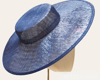 Metallic Lurex Large Brim Sinamay Boater Fascinator Hat Base - Navy Blue with Silver