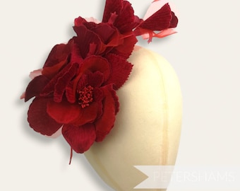 Large 'Josie' 20cm Velvet & Organza Millinery Flower Hat Mount for Millinery- Ruby Red