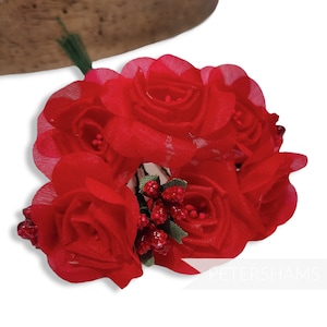 Small Silk &#39;Kimora&#39; Mini Ranunculus Bunch with Buds for Millinery and Hat Trimming - Red