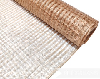 May include: A roll of brown and gold checked mesh ribbon. The ribbon is made of a fine, woven material and has a subtle shimmer.