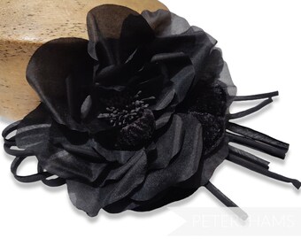 Fiore Di Velluto Nero Con Petali A Frange 4 1/2" – Rose Millinery Con Foglie – G96