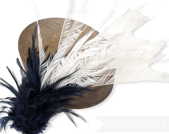 Large Zippered Goose Biot and Hackle Feather Hat Mount for Millinery and Hat Making - Navy Blue