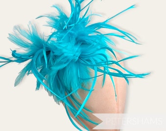 Mega Fluffy Hackle & Goose Biot Feather Hat Mount for Millinery and Hat Making - Turquoise