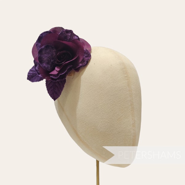 10cm Soie et Velours 'Giavanna' Rose Fleur Chapeau Mont - Prune