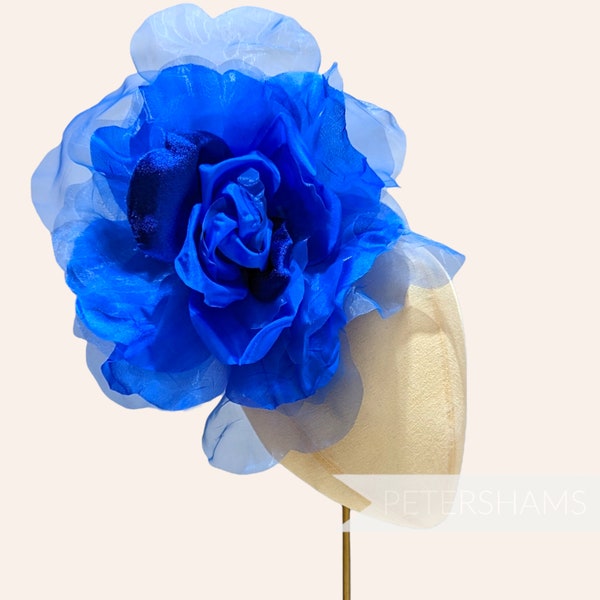 Giant 25cm 'Priscilla' Velvet & Organza Millinery Flower Hat Mount - Cobalt Blue