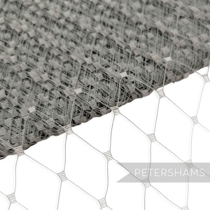May include: Close-up of a roll of gray hexagonal mesh fabric. The mesh is tightly woven, creating a textured surface. The fabric is partially unrolled, revealing a diamond-shaped pattern. The text "PETERSHAMS" is visible in the lower right corner.