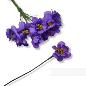 Mini Silk &#39;Aniya&#39; Blossom Wired Flowers - 12 stems for Millinery and Hat Trimming - Purple