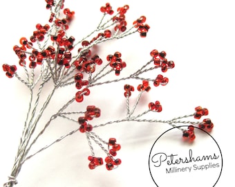 6 Stems Seed Bead Wired Trees for Tiaras, Millimnery & Crafts - Red