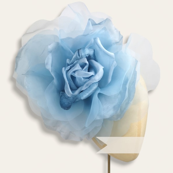 Giant 25cm 'Priscilla' Velvet & Organza Millinery Flower Hat Mount - Light Blue