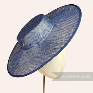 Metallic Lurex Large Brim Sinamay Boater Fascinator Hat Base - Navy Blue with Silver