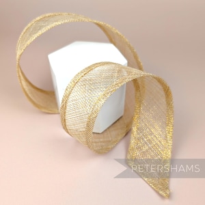 Metallic Lurex 5cm Wide Sinamay Ribbon Trim for Millinery and Hat Making - Natural with Gold