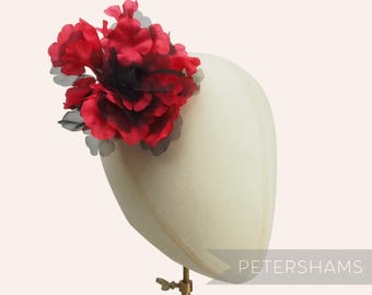 Silk and Organza 'Stacey' Hydrangea Millinery Flower Hat Mount - Red and Black