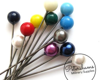 Set of 12 Extra Long 9cm (3.5 inch) Round Millinery Hat Pins - Assorted Colours