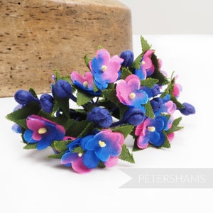 Vintage &#39;Janice&#39; Miniature Forget Me Not Silk Millinery Flowers for Hat Trimming - Royal Blue & Cerise
