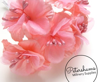 5 Satin & Organza Artificial Mini Hibiscus Flower Picks for Millinery, Fascinators - Peachy Pink
