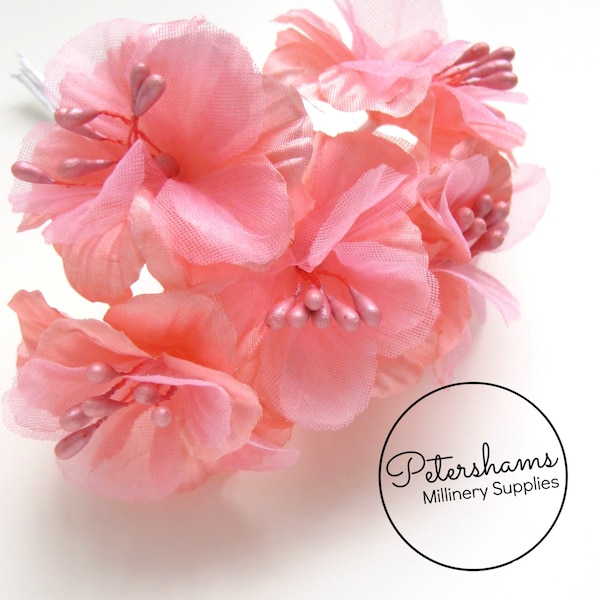 5 Satin & Organza Artificial Mini Hibiscus Flower Picks for Millinery, Fascinators - Peachy Pink