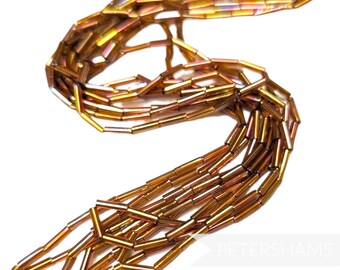 7mm Vintage Long Glass Bugle Beads - Approx. 250 beads - Iridescent Gold