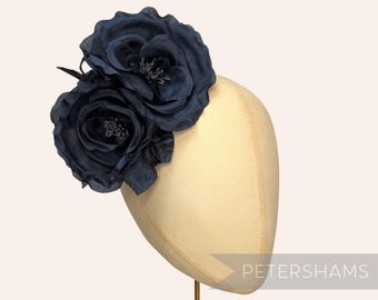 Navy Blue Silk 'Fiona' Double Rose Millinery Fascinator Flower Hat Mount