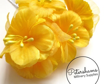 5 Satin & Organza Artificial Mini Hibiscus Flower Picks for Millinery, Fascinators - Yellow