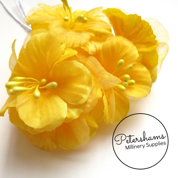 5 Satin & Organza Artificial Mini Hibiscus Flower Picks for Millinery, Fascinators - Yellow