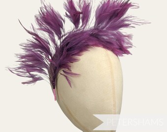 Large Stripped Hackle Wired Feather Hat Mount for Millinery and Hat Making - Light Plum