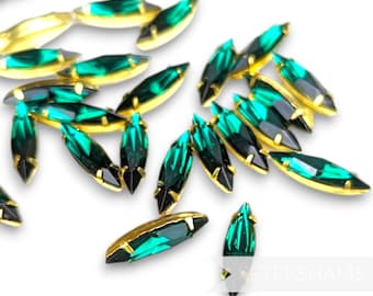 Emerald 15mm Vintage Glass Marquise Shaped Encased Jewels for Millinery, Craft & Jewellery Making- 24 Pieces