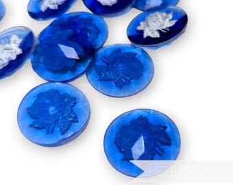 Vintage 1960's Rose Relief Flat Back 20mm Glass Stones For Crafting and Millinery - Blue