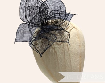 Zelda Large 18cm Pointed Petal Sinamay Flower Millinery Hat Mount- Black