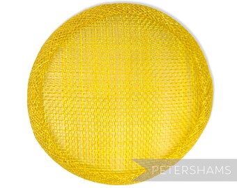 May include: A bright yellow round hat made of woven straw.