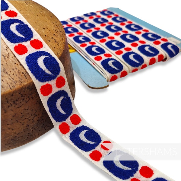 Vintage French 26mm 1960/70s Woven Cotton Bubbly Pattern Ribbon - 1m - Red and Blue