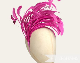 Extra Large Stripped Coque & Goose Biot Feather Hat Mount for Millinery and Hat Making - Magenta