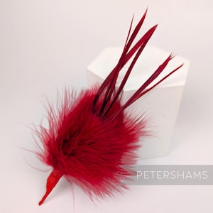 Peut inclure: Un accessoire de plumes rouge vif. La pièce présente un groupe de plumes duveteuses avec plusieurs longues plumes fines s'étendant vers le haut. La base est une tige pointue et étroitement enroulée. Le texte "PETERSHAMS" est visible.