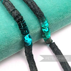 May include: Close-up of two strands of decorative trim. The trim features dark gray fabric with rows of teal sequins. The sequins are circular and reflect light. The background is a soft, teal fabric.