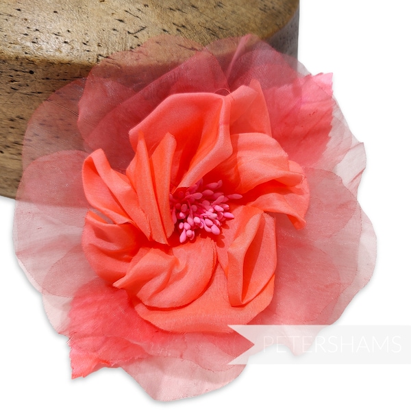 13cm 'Cleo' Silk and Organza Flower Hat Mount for Millinery and Hat Making - Coral Pink