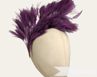 Large Stripped Hackle Wired Feather Hat Mount for Millinery and Hat Making - Plum