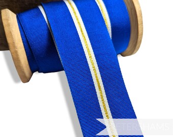 May include: A spool of blue ribbon with two thin gold stripes and a white stripe in between.