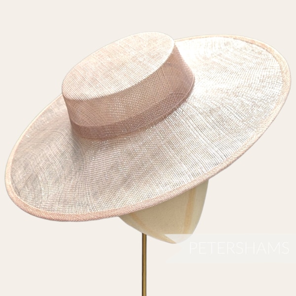 Metallic Lurex Large Brim Sinamay Boater Fascinator Hat Base - Rose Pink with Silver
