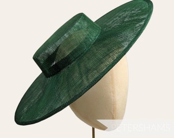 Large Brim Sinamay Boater Fascinator Hat Base for Millinery & Hat Making - Bottle Green