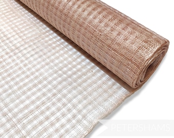 May include: A roll of beige and brown checkered mesh ribbon. The ribbon is made of a fine, woven material and has a subtle shimmer.