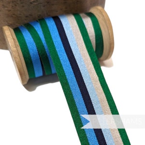 Nastro grosgrain a righe vintage largo 38 mm - 1 m - Per rifiniture e creazioni di cappelli - Verde, argento e blu