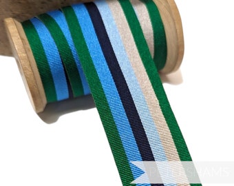 Vintage 38mm Wide Striped Grosgrain Ribbon - 1m - For Hat Trimming and Crafting - Green, Silver and Blue