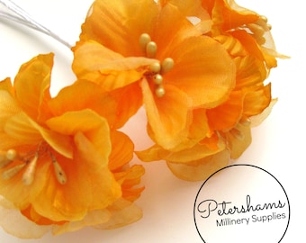 5 Satin & Organza Artificial Mini Hibiscus Flower Picks for Millinery, Fascinators - Sunset Yellow