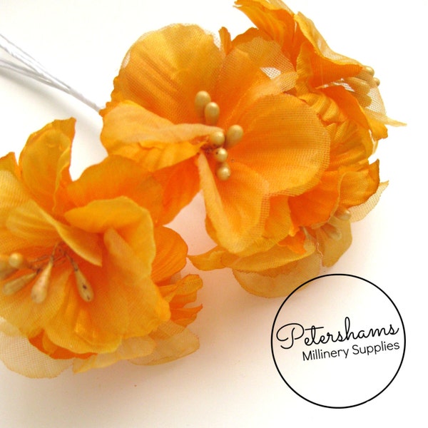 5 Satin & Organza Artificial Mini Hibiscus Flower Picks for Millinery, Fascinators - Sunset Yellow
