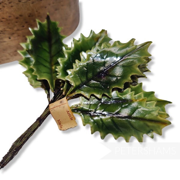 Vintage 'Noah' 1950s German Lacquered Holly Leaves - 24 stems - For Crafting and Hat Trimming - Green