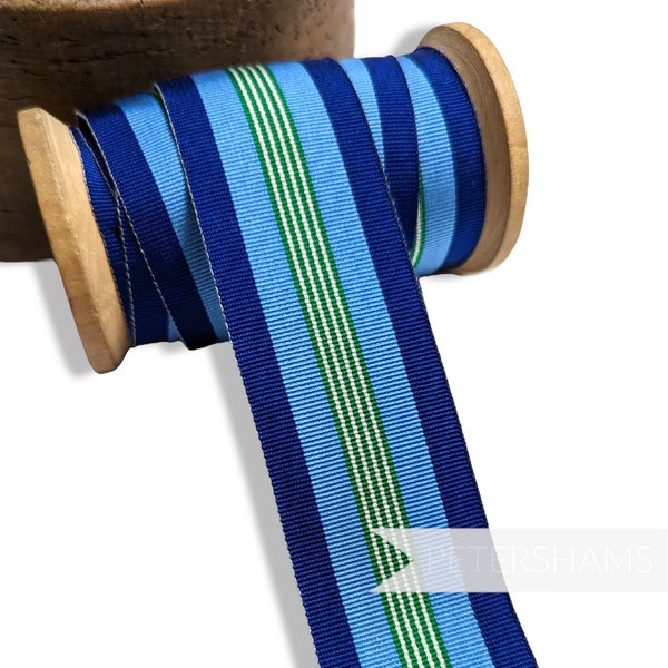 Vintage 35mm Wide Striped Grosgrain Ribbon - 1m - For Hat Trimming and Crafting - Royal Blue Cornflower and Green