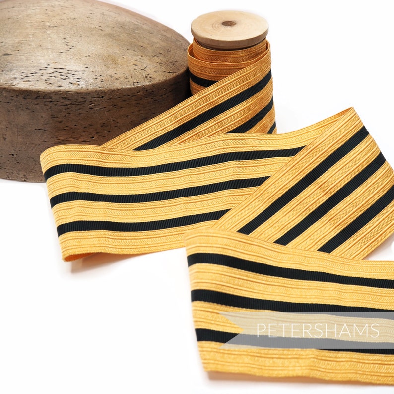 65-70mm Vintage 4-Stripe Black /& Gold Military Braid Ribbon for Millinery and Hat Making 1m Old Gold