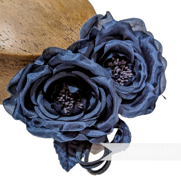 Soie 'Fiona' Double Rose Millinery Fascinator Flower Hat Mount - Bleu marine